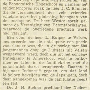 Haarlems Dagblad van 7 februari 1952. Begrafenis van Henk Kuiper, oud-verzetsstrijder.