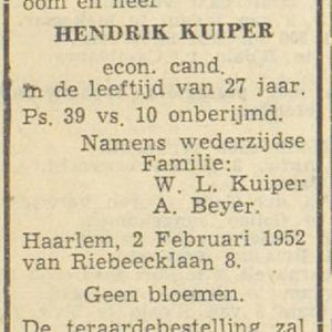 Haarlems Dagblad van 4 februari 1952. Overlijden Henk Kuiper.