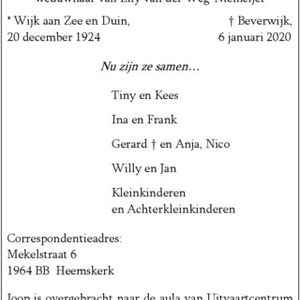Overlijdensbericht Joop van der Weg. Bron, Dagblad Kennemerland