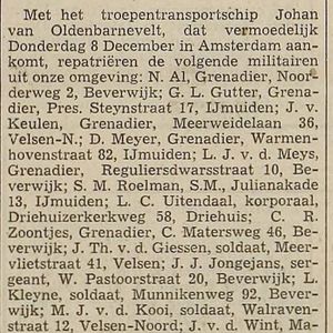 Repatriëring uit Nederlands-Indië. Bron: IJmuider Courant van 30-11-1949.