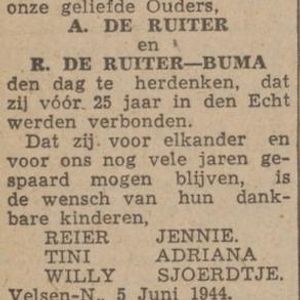 Aankondiging 25-jarig huwelijk ouders Reijer de Ruiter. Bron NH-dagblad 6 juni 1944.