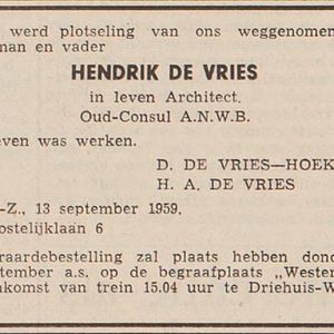 Overlijdensbericht van de vader van Hendrik Anne de Vries. Bron IJmuider Courant 15 september 1959.