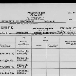 Passagierslijst Zuiderkruis. Aankomst New York 27 maart 1957. Bron: Familysearch.org