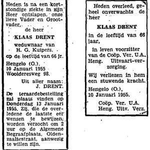 Overlijdensberichten Klaas Drent. Bron: www.cbg.nl