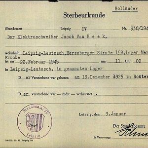 Sterbeurkunde Jacob Leendert van Beek. Bron CBG Den Haag.