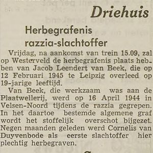 Herbegrafenis Jaap van Beek 11 maart 1949. Bron IJmuider Courant.