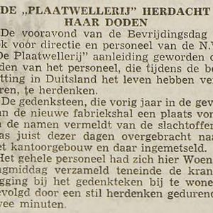 Herdenking bij Plaquette Plaatwellerij. Bron IJmuider Courant 6-5-1949.