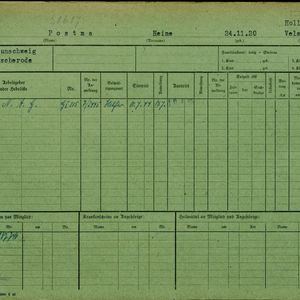 Arbeidsongeschiktheidskaart van Meine Postma. Bron: AOK-Versichertenkartei Stadtarchiv Braunschweig.