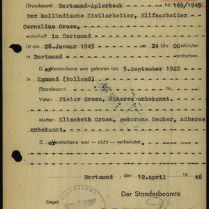 Sterbeurkunde Cornelis Groen. Bron ITS Bad Arolsen.