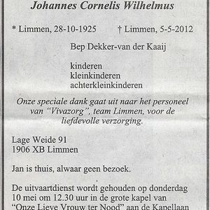 Overlijdensbericht Jan Dekker. Bron www.Online-Familiebericht.nl