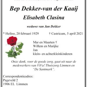 Overlijdensbericht Bep Dekker-van der Kaaij. Bron Dagblad Kennemerland.