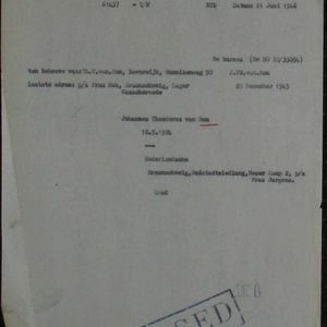 Inlichtingen verzoek omtrent verblijfplaats Joop van Son. Bron: ITS Bad Arolsen 86568333.